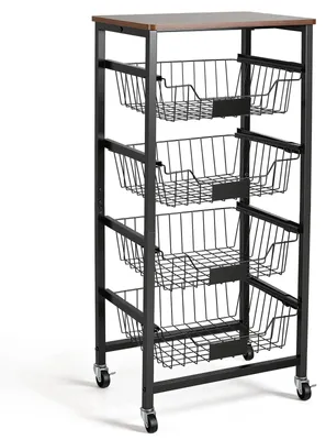 Produktbild von Aufbewahrungswagen mit 4 Ebenen - Küchenregal - Ausziehkörbe - Rollen - Griff - Edelstahl - 41 x 30 x 90 cm