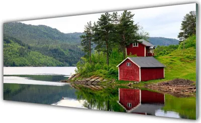 Produktbild von Acrylglasbilder 125x50 Wandbild Druck Gebirge Haus Bäume See Landschaft