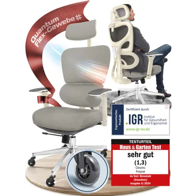 Produktbild von CLOUVOU ProSeat Bürostuhl, Schreibtischstuhl, ergonomisch & 100% individuell einstellbar, Chefsessel für Arbeitszimmer, Flex-Gewebe, Bis 150Kg - Creme
