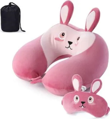 Produktbild von (Hase)Memory Foam Reisekissen Kinder Nackenkissen Niedliche Tierform Nackenhörnchen Kopfstütze Baby Reise Schlafkissen mit Augenabdeckung Aufbewahrungstasche