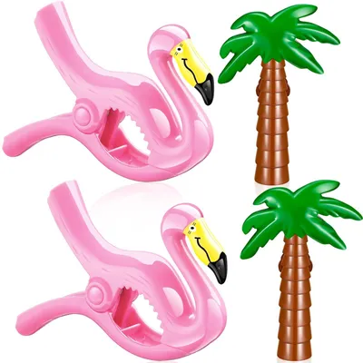 4 Strandhanddoekklemmen – 2 Flamingo & 2 Kokospalmen-Clips