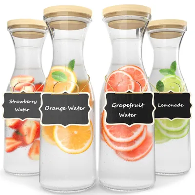 Produktbild von Glaskaraffe Wasserkaraffe Wasserkrug - 1 Liter - 4er Set - Mit Deckel und Bambusstopfen - Spülmaschinenfest