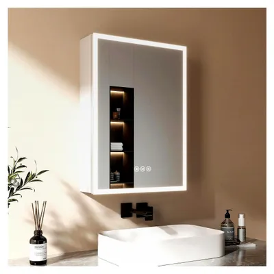 Produktbild von Spiegelschrank für das Bad mit Beleuchtung 50 x 70 cm, 3 Lichtfarben, dimmbar, beschlagfrei, Glasablage, Steckdose, IP44, Silber