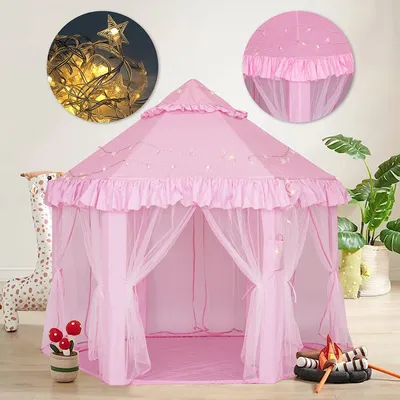 Produktbild von Topchances Tipi Spielzelt, Rosa, Sternlichter, Polyester, 140 x 135 cm, 3-teilig, einfach montierbar, tragbar, praktisch, für Kinder & Mädchen, Kinderzimmer Geburtstagsgeschenk