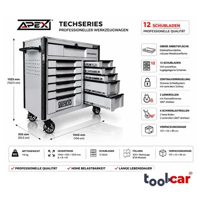 Produktbild von Toolcar APEX Jumbo Pro 12 Silver Werkstattwagen Werkzeugwagen gefüllt mit Werkzeugen