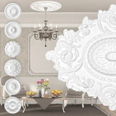 Produktbild von MARBET DESIGN Stuckrosette aus EPS Styropor - Deckenrosette weiß, Zierelement, Stuck (R-25, 70x57cm) Wanddekoobjekt Innendekoration Nachbildung Oval