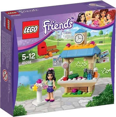 The image shows the retail packaging for a Lego Friends playset, featuring the product box with illustrations of the set's contents and characters.
