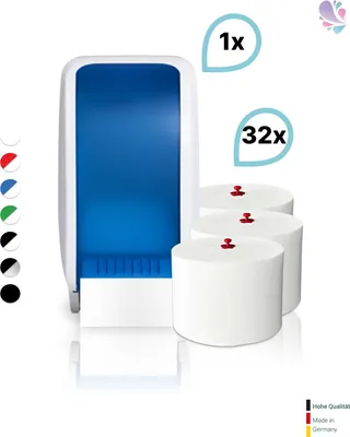 Produktbild von SET: 1x Toilettenpapierspender Doppelrollen Blanc Cosmos verschied. Farben + 32 Toilettenpapierrollen Long Life 3L - PRODUKTSET : Farbe - Blau / Weiß Farbe: Blau / Weiß