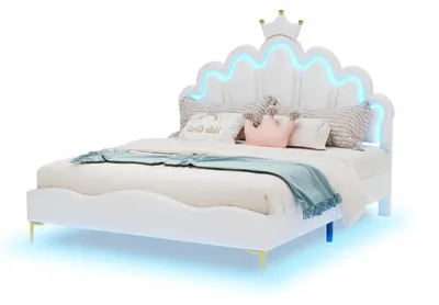 Produktbild von Kinderbett mit Krone - Doppelbett 140x200 cm - LED Beleuchtung - Polsterbett mit PolyurethanRahmen - Modernes Design - Weiß