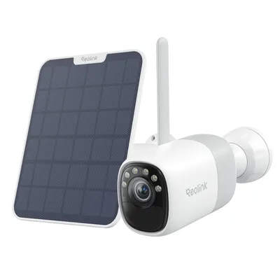 A white and gray security camera with a solar panel, shown against a white background.