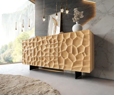 Produktbild von DELIFE Sideboard Solu 175 cm Eiche Natur 2 Türen 3 Schübe Fuß schwebend Metall Schwarz 3D-Front
