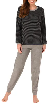 Produktbild von Damen Frottee Pyjama Schlafanzug mit Bündchen in eleganter Streifenoptik - 291 201 13 781 ; schwarz , 36