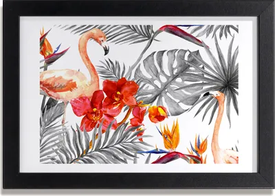 Produktbild von Bild 30x20 MDF-Rahmen, Wandkunst Flamingos und Blumen