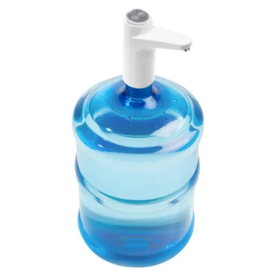 A water dispenser pump sits atop a large blue water jug.