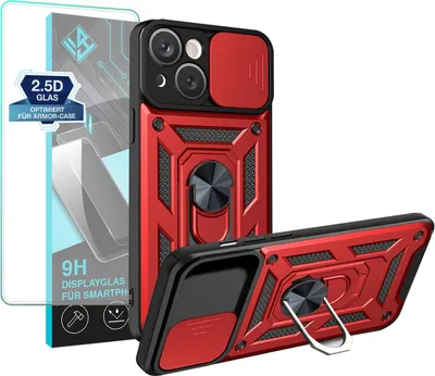 Produktbild von Armor Handyhülle für Apple iPhone 15 mit 9H Displayglas Displayschutz Kameraschutz Handy Panzer Case Cover Schutzhülle Outdoor Farbe: Rot