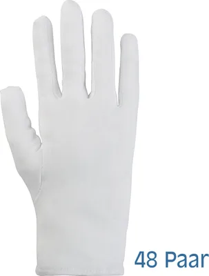 Produktbild von 48 Paar Stoffhandschuhe weiß Größe 8 / M - Trikot extrafein Baumwollhandschuhe