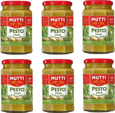 Produktbild von 6x Mutti Pesto Verde Pomodori Verdi Grünes Tomatenpesto Pasta Sauce 100% italienische Tomate Glas 180g Würzsaucen mit Cashewnüssen, Grana Padano und Pecorino Romano