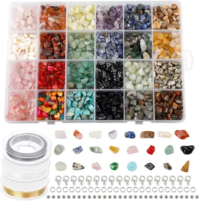 Productafbeelding van 24 kleuren edelstenen met gat, 4-8 mm stenen kralen, onregelmatige Gemstone chips, edelstenen, knutselen, sieraden, knutselset met afstandskralen