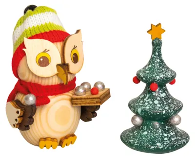 Produktbild von Drechslerei Kuhnert Mini-Eule aus Holz - mit Weihnachtsbaum - ca. 7 cm groß - Dekoration aus erzgebirgischer Arbeit