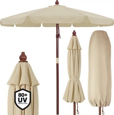 Image de Kingsleeve Parasol de jardin en bois Ø330cm Beige Pare-soleil avec protection UV50+ protection solaire extérieur auvent