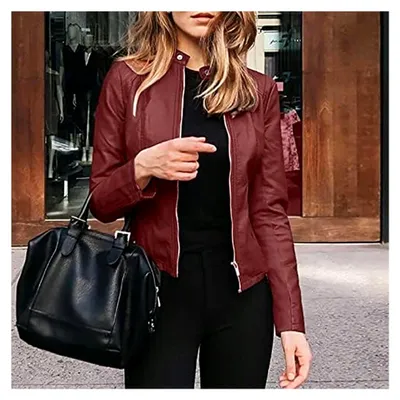 Produktbild von Lederjacke Damen Kurz Bikerjacke Stehkragen Motoradjacke Leder Jacke üBergangsjacke Für Herbst Winter Klassisch Outwear Slim Fit Jacke Mit ReißVerschluss Motorrad Jacke Bomberjacke Kunstlederjacke
