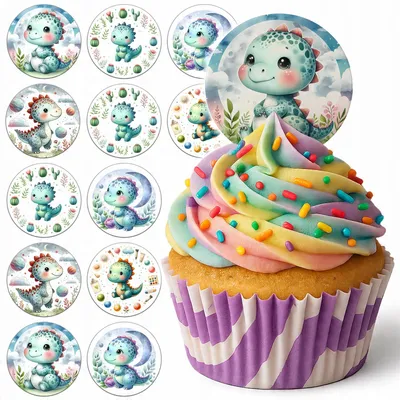 Zdjęcie produktu dla Opłatek Na Babeczki Muffinki Zestaw Na Urodziny 12Szt - Dinozaur Dino