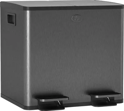 A dark gray dual-compartment trash can with two foot pedals.