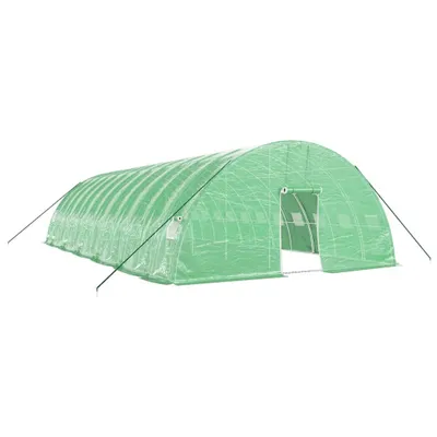 A green greenhouse tent with a steel frame and an open doorway.