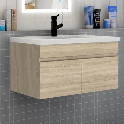 Produktbild von Badezimmer Badmöbel 80 cm Keramik Waschtisch mit Unterschrank Hängeschrank Badezimmerschränke Badschrank mit 2 Türen Eiche
