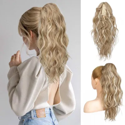 Productafbeelding van Haarverlenging van paardenstaartmodel, 46 cm lang, golvend, honingblond met highlights