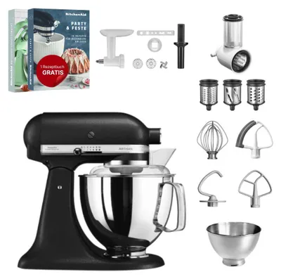 Produktbild von KitchenAid 4,8 L 5KSM175 Artisan Küchenmaschine Set 3 Gemüseschneider+Fleischwolf+Spritzge Gusseisen Schwarz