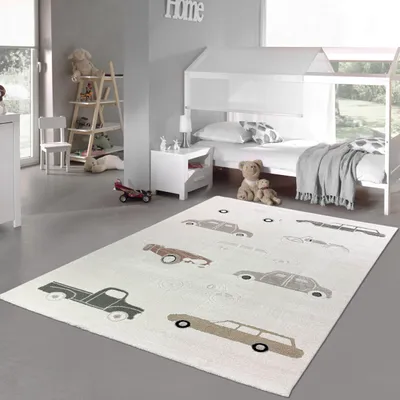 Zdjęcie produktu dla Dywanik do pokoju dziecięcego z efektem high-low i wzorem samochodu w kolorze kremowo-beżowym Rozmiar - 120 x 170 cm