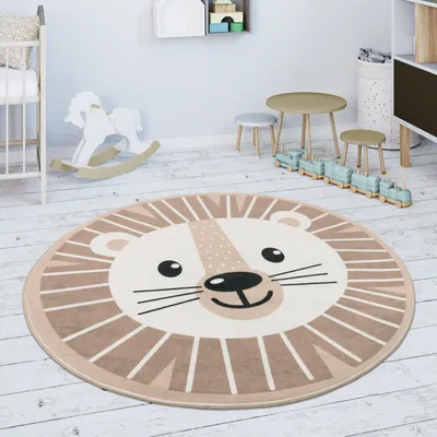 Produktbild von Kinderteppich Teppich Rund Kinderzimmer Spielmatte Rutschfest Löwen Beige Grösse 150 cm Rund