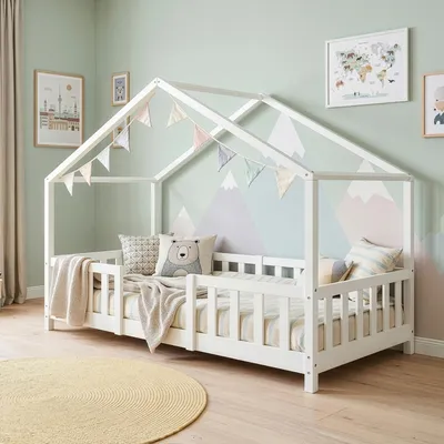 Immagine prodotto di Letto per bambini 'Treviolo' in look casa con protezione anticaduta in legno di pino 90 x 200 cm Bianco