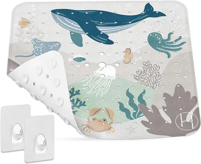 Image de Tapis de douche 53x53 cm - Antidérapant avec ventouses - Sans BPA - Avec 2 crochets pour serviettes