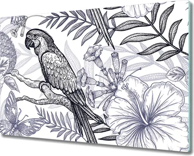 Produktbild von Glas-Herdabdeckplatte Glaskeramikkochfeld-Abdeckung Spritzschutz - 80x52 cm - Papageien und Blumen