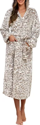 Produktbild von Damen Winternachthemd Dicker Flanell Warm Schnürung Verstellbarer Gürtel Kapuzenkragen Taschen Hervorragende Wasseraufnahme Mittellanger Bademantel für Zuhause Spa Hotel