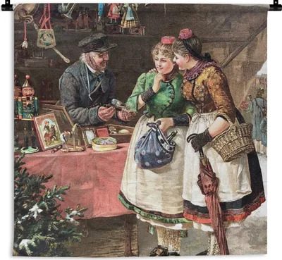 Produktbild von MuchoWow® Wandteppich Wandbehang Weihnachten - Porträt Weihnachtsmarkt - Vintage 90x90 cm Tapisserie Dekoration Wandtuch - Wandaufhänger