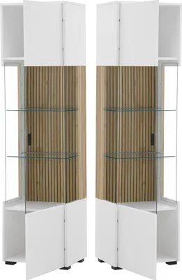 Two identical white and wood vitrines are shown side-by-side against a white background.