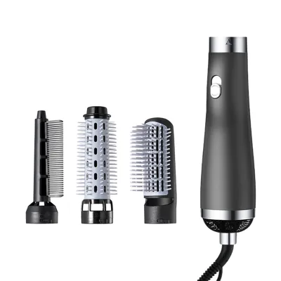 A hair dryer brush and its attachments are displayed against a white background.