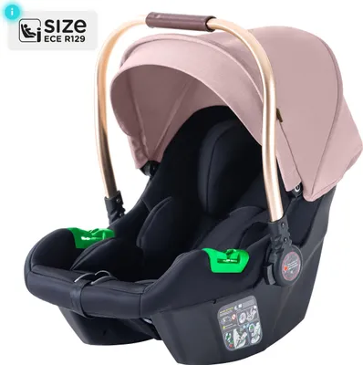 A baby car seat on a white background.