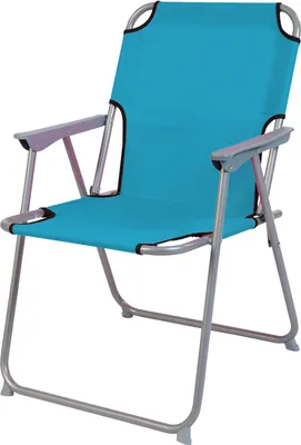 A blue camping chair with a silver frame is shown against a white background.