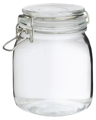 A clear glass jar with a metal clamp lid.