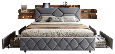 Produktbild von Stauraumbett - Doppelbett 160×200 cm - 4 Schubladen - LED-Beleuchtung & USB - Gepolstertes Kopfteil mit Ablage - Holzrahmen mit Stoffbezug