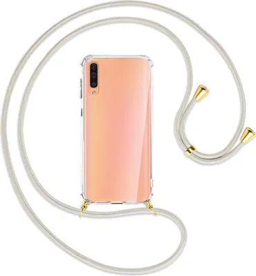 Produktbild von Handykette Backcover-Schutzhülle mit Band (Metall goldfarben) für Samsung Galaxy A50 - broken white