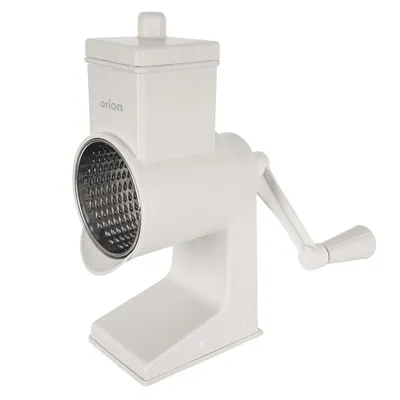 A white rotary grater with a silver drum is shown against a white background.