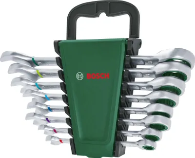 A set of Bosch ratcheting combination wrenches is displayed in a green holder.