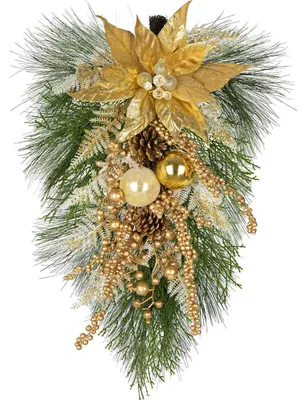 Image de Couronne de Noël dorée, 63 cm, forme en goutte, guirlande artificielle, décoration pour porte d'entrée, mur, rampe d'escalier, décoration hivernale