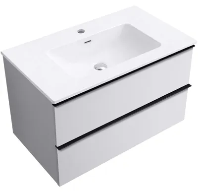 Image de CERANO - Meuble de salle de bains Velora - blanc mat, poignée noire + lavabo en céramique Novo - blanc brillant - 81 x 54,5 x 46,5 cm