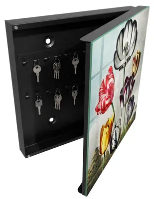 Produktbild von Schwarzer Schlüsselschrank aus Metall 30 x 30 cm - Schlüsselbox zur Wandmontage mit Tür - rechts öffnender Schlüsselkasten - praktische Schlüsselaufbewahrung für Zuhause - Retro-Tulpen, KI-generiertes Bild